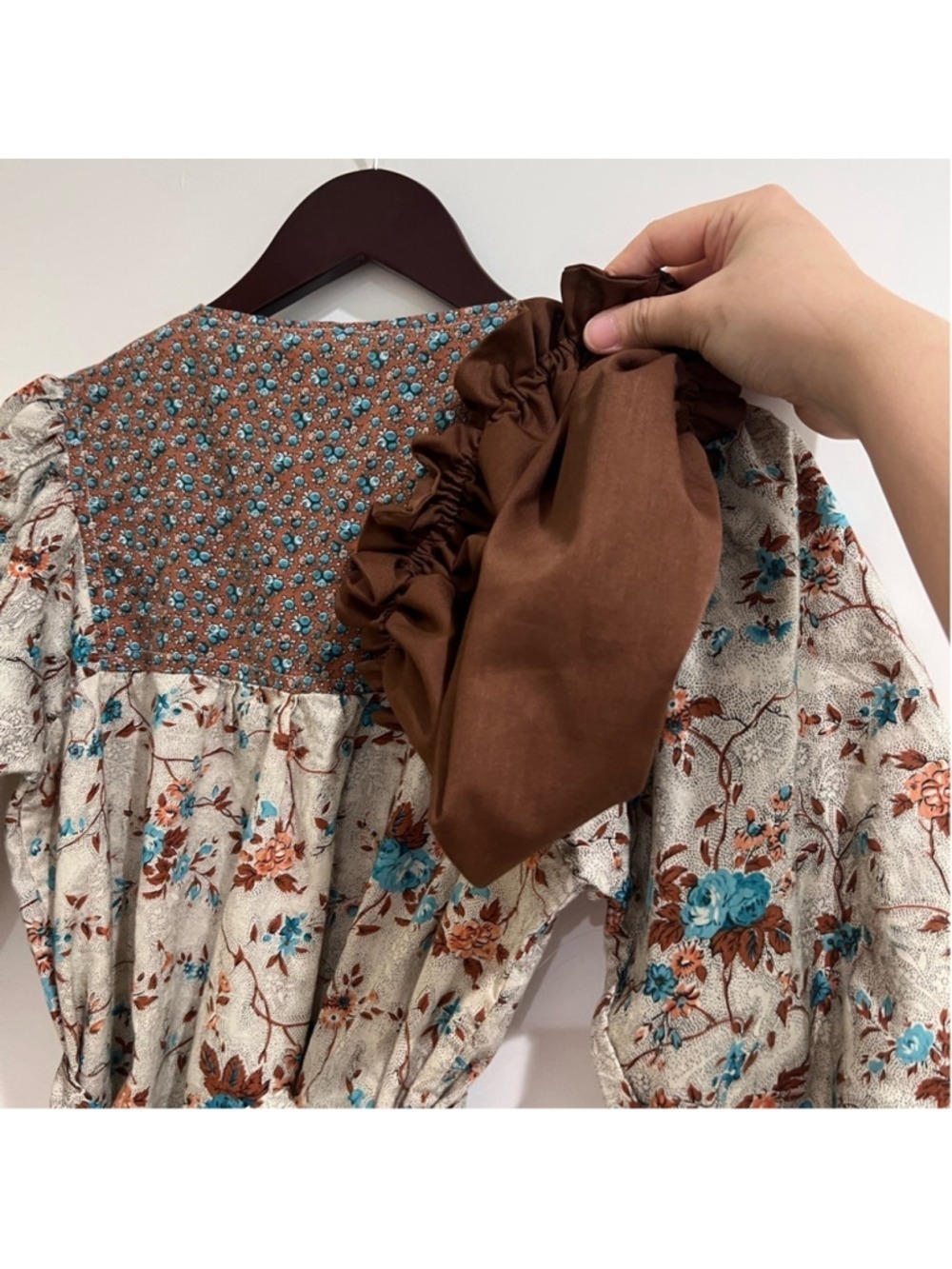 Vintage Prairie Floral Maxi Dress - Puff Sleeve Cottagecore Boho Size M Brown - Picture 5 of 8